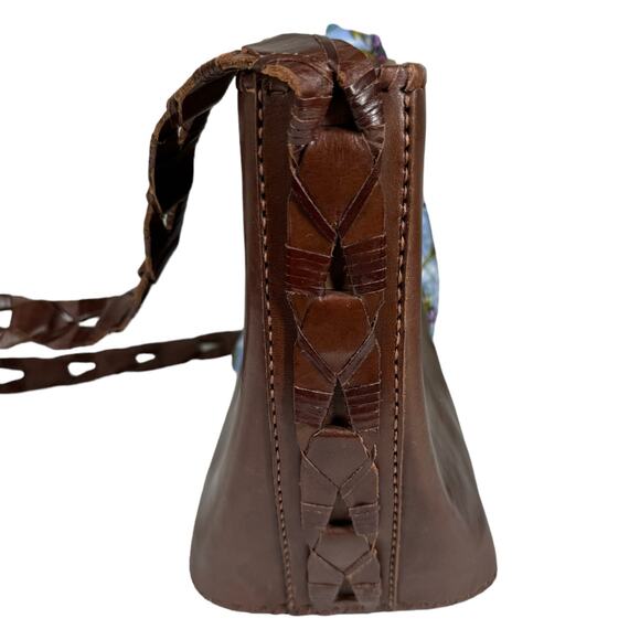Vintage Brown Leather Shoulder Bag Woven Strap Floral Scarf Boho Classic Casual - Picture 6 of 10